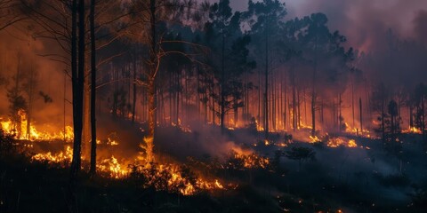 A forest fire is raging through a wooded area - obrazy, fototapety, plakaty