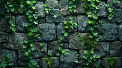 A rough stone wall pattern, reminiscent of the lost cities and ruins, with moss and vine overlays, creating a mysterious and ancient backdrop created with Generative AI Technology - obrazy, fototapety, plakaty