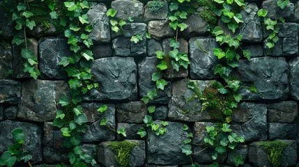 Tapeten A rough stone wall pattern, reminiscent of the lost cities and ruins, with moss and vine overlays, creating a mysterious and ancient backdrop created with Generative AI Technology © Sentoriak