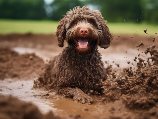Lagotto Romagnolo Energetically Digging in Lakeside Mud. generative ai