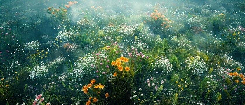 Spring meadow, oil painting style, wildflowers bloom, clear morning, aerial view.