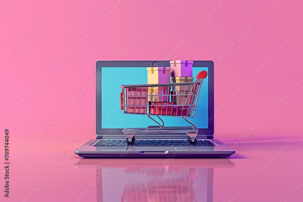 Poster imagine a symbolic online shopping concept where a cart filled with boxes is perched on a laptop com