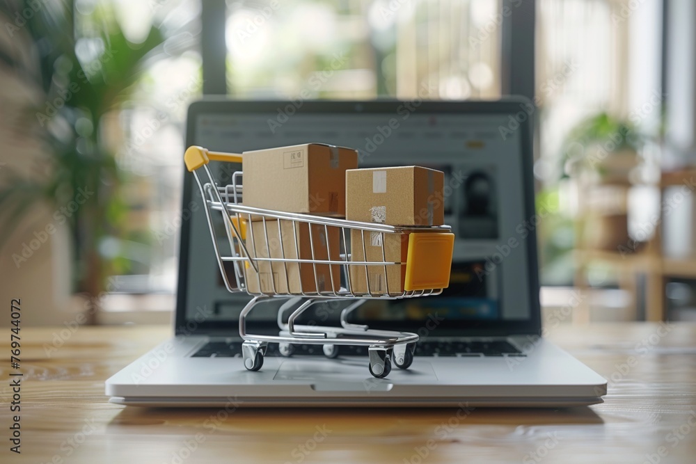 Poster imagine a symbolic online shopping concept where a cart filled with boxes is perched on a laptop com