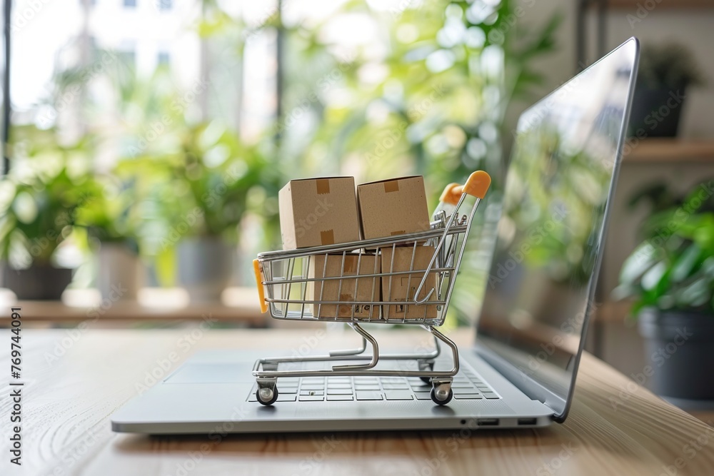 Poster imagine a symbolic online shopping concept where a cart filled with boxes is perched on a laptop com