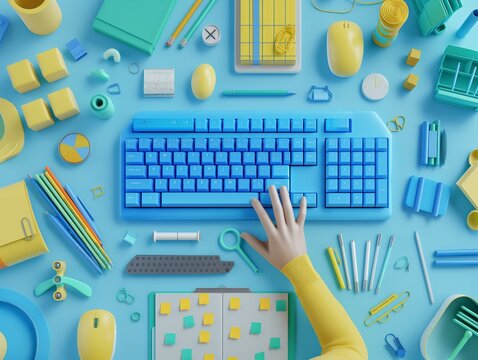 A blue keyboard is on a table with a variety of office supplies, including pens, pencils, and a ruler. The scene suggests a workspace or a creative project, with the keyboard being the main focus