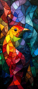 Colorful stained-glass window with bird, abstract background.