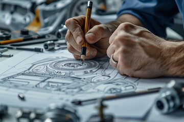 Close-up image of automotive industry design engineer working on detailed car part drawing - Powered by Adobe