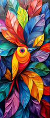 Fototapeta na wymiar Colorful parrot on a background of colored leaves.