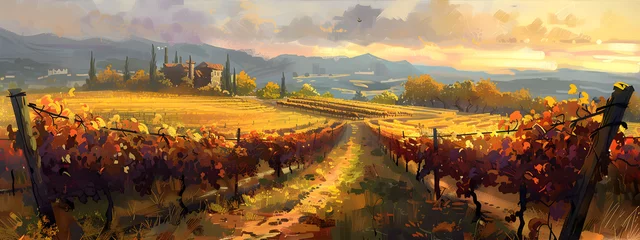 Gardinen Autumn landscape of vineyard in front of mountains. Grape harvesting and wine tourism concept. Banner for design. © Alexey