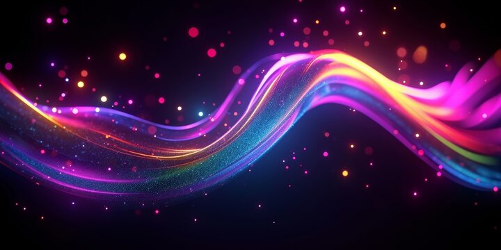 3d rendering, abstract background with unfocussed glowing neon wave, curvy lines and bokeh lights. Blurry colorful wallpaper, Generative AI 