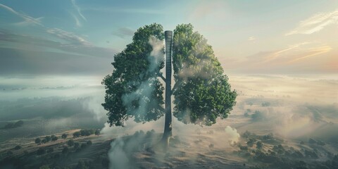 A tree with a large trunk is surrounded by fog