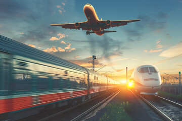 View railway track and suburban electric train rushing to the departure area airfield. Passenger plane flying in sky, landing at airport. Concept of modern infrastructure transport travel.