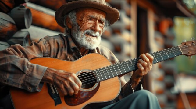 man playing guitar, old man is playing guitar, guitar music, blur wooden house background, peaceful face, romantic love, cinematic photos, beautiful surroundings, sharp, professional photos
