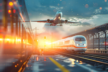 View railway track and suburban electric train rushing to the departure area airfield. Passenger plane flying in sky, landing at airport. Concept of modern infrastructure transport travel. - obrazy, fototapety, plakaty