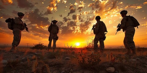Four soldiers are standing in a field at sunset - obrazy, fototapety, plakaty