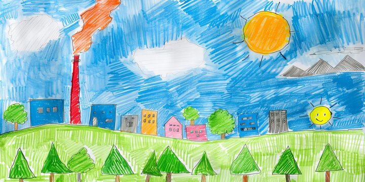 A drawing of a city with a large red chimney and a sun in the sky