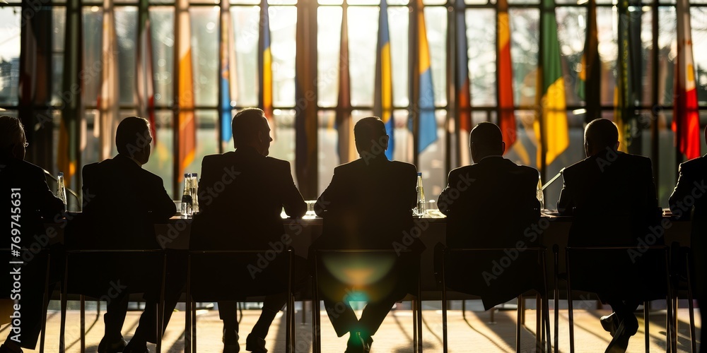 Poster a group of men are sitting at a long table with flags behind them