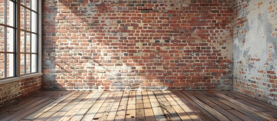 Room Interior with Distressed Brick Wall and Hardwood Floor