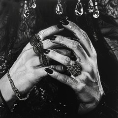 a close-up of hands with black nails and jewelry