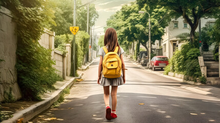 A young girl wearing a yellow backpack walks down a brick walkway. The autumn leaves on the ground create a warm and cozy atmosphere