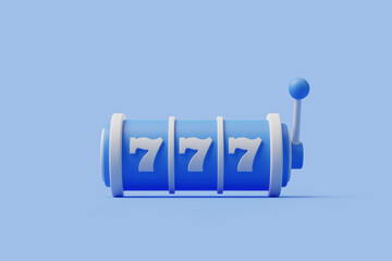 Vivid blue slot machine featuring the lucky triple sevens on a matching blue background, evoking excitement and chance. 3D render illustration - obrazy, fototapety, plakaty