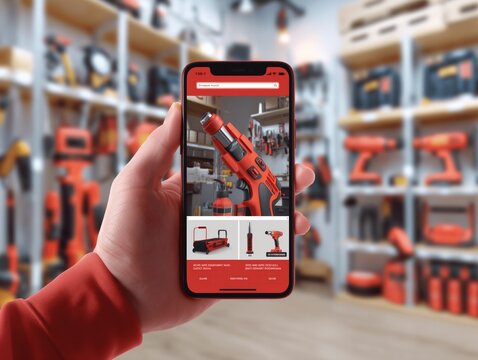 A person is holding a red iPhone and looking at a picture of a tool. The image is of a store with many tools on display