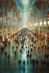 view of a busy crowded place with people walking in hurry being late in urban setting, motion blur,...
