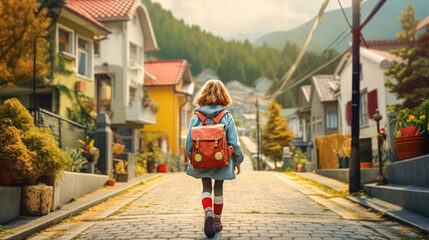 A young girl wearing a yellow backpack walks down a brick walkway. The autumn leaves on the ground create a warm and cozy atmosphere - Powered by Adobe