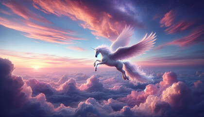 Twilight Ascension of a Radiant Winged Unicorn Above Tranquil Clouds - obrazy, fototapety, plakaty