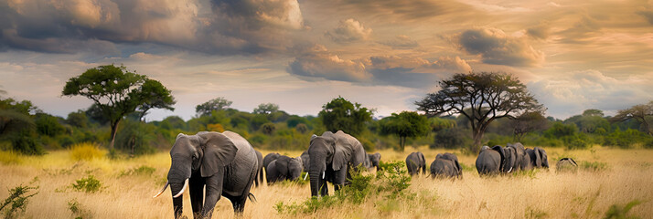 A herd of wild elephants walk through the savanna of Tarangire National Park in Tanzania, East...