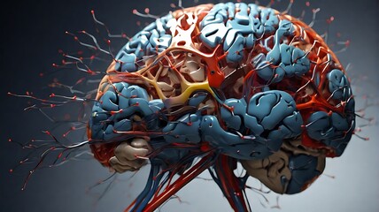Close-up view of a human brain inside a head with drops, illustrating medical anatomy and neuroscience