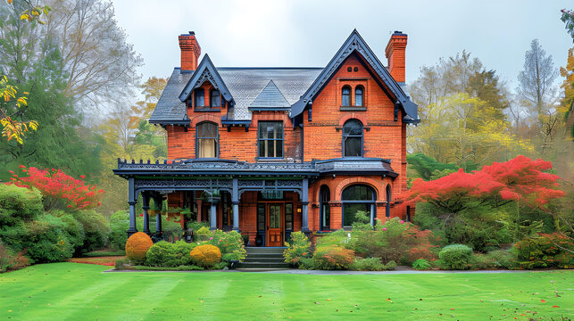 Victorian-style brick family house exterior with roof tiles.