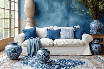 White sofa next to ceramics with blue themes and a patterned wall. Interior design of a modern living room that is bohemian or eclectic