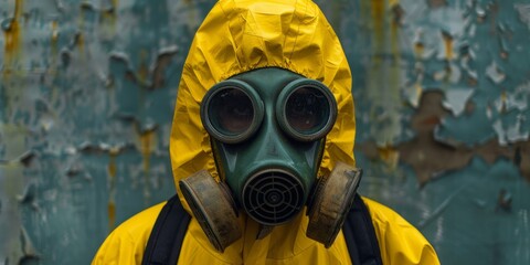 A person in a yellow hazmat suit with a gas mask on
