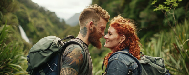 Late 20s couple with bohemian flair, he sports a beard and tattoos, she flaunts fiery curls and...