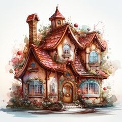 Fototapeta na wymiar watercolor Kawaii Gingerbread House clipart, Generative Ai