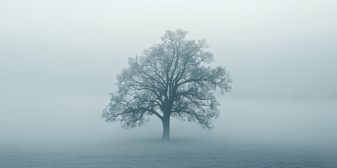 A tree is standing in a foggy field