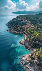 Fototapeta premium Aerial View of Serene Blue Coastline and Forest