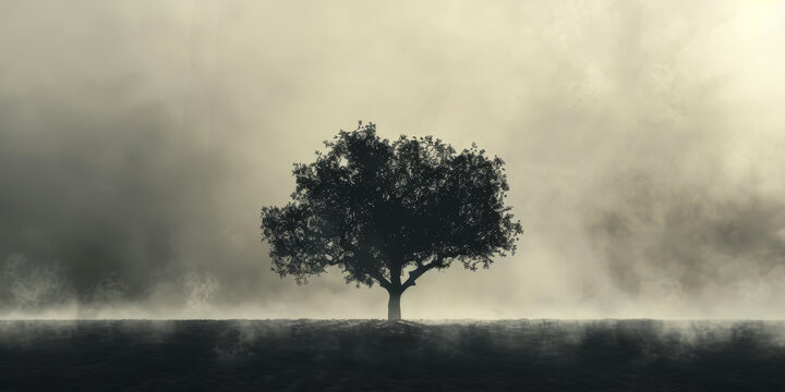 A tree stands alone in a foggy field