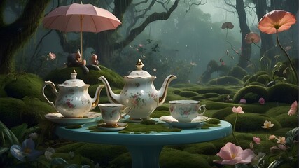 {English tea} in the rain, portrayed as a surrealistic scene with dreamlike elements. The setting is a mystical forest clearing, illuminated by ethereal moonlight filtering through the canopy above. A