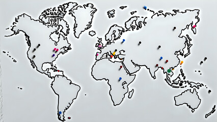 a stylized world map with various colored dots marking different locations across the continents, possibly indicating points of interest or destinations on a global scale