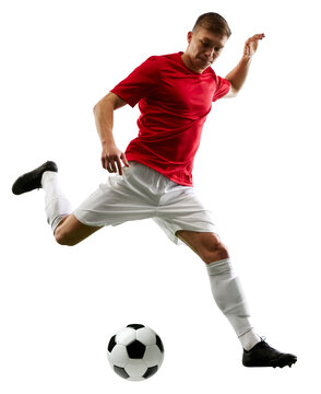Skilled football player delivers perfect pass, showcasing unparalleled precision against transparent background with lush green grass. Concept of sport, world cup season, tournament, match