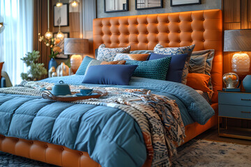 Blue bedding and an orange leather headboard adorn the bed. Modern bedroom interior design in the art deco style.