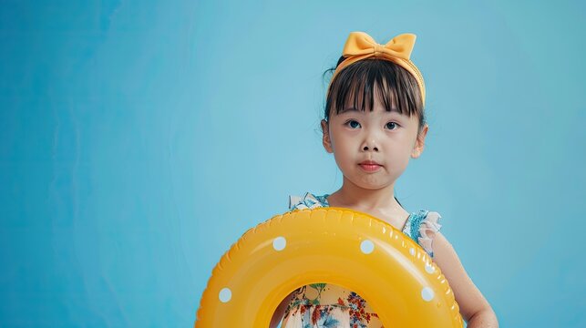 Image of young Asian girl holding swimming float on blue background, summer vacation concept  
