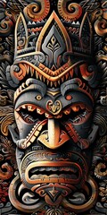 Textured tribal mask pattern, featuring the protective spirit Aku Aku, with their intricate designs and mystical aura, set against backdrop of Polynesian motifs created with Generative AI Technology	