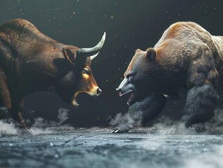 A bull and a bear facing off, representing the fluctuations and competition in the financial markets - obrazy, fototapety, plakaty