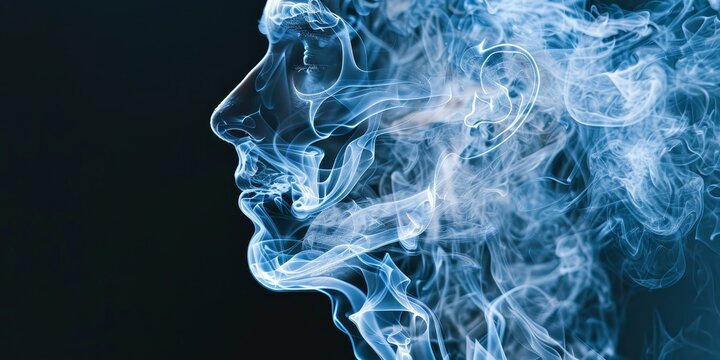 A person's face is shown in a blue haze, with smoke surrounding them