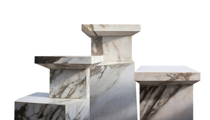 marble pedestals or podium, abstract geometric empty museum stages isolated on white background. Generative AI.