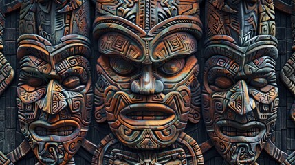 Fototapeta na wymiar Textured tribal mask pattern, featuring the protective spirit Aku Aku, with their intricate designs and mystical aura, set against backdrop of Polynesian motifs created with Generative AI Technology 