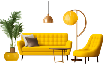 Yellow modern furniture items including a sofa, chair, planter, table, and lamp isolated on a transparent background for interior design.